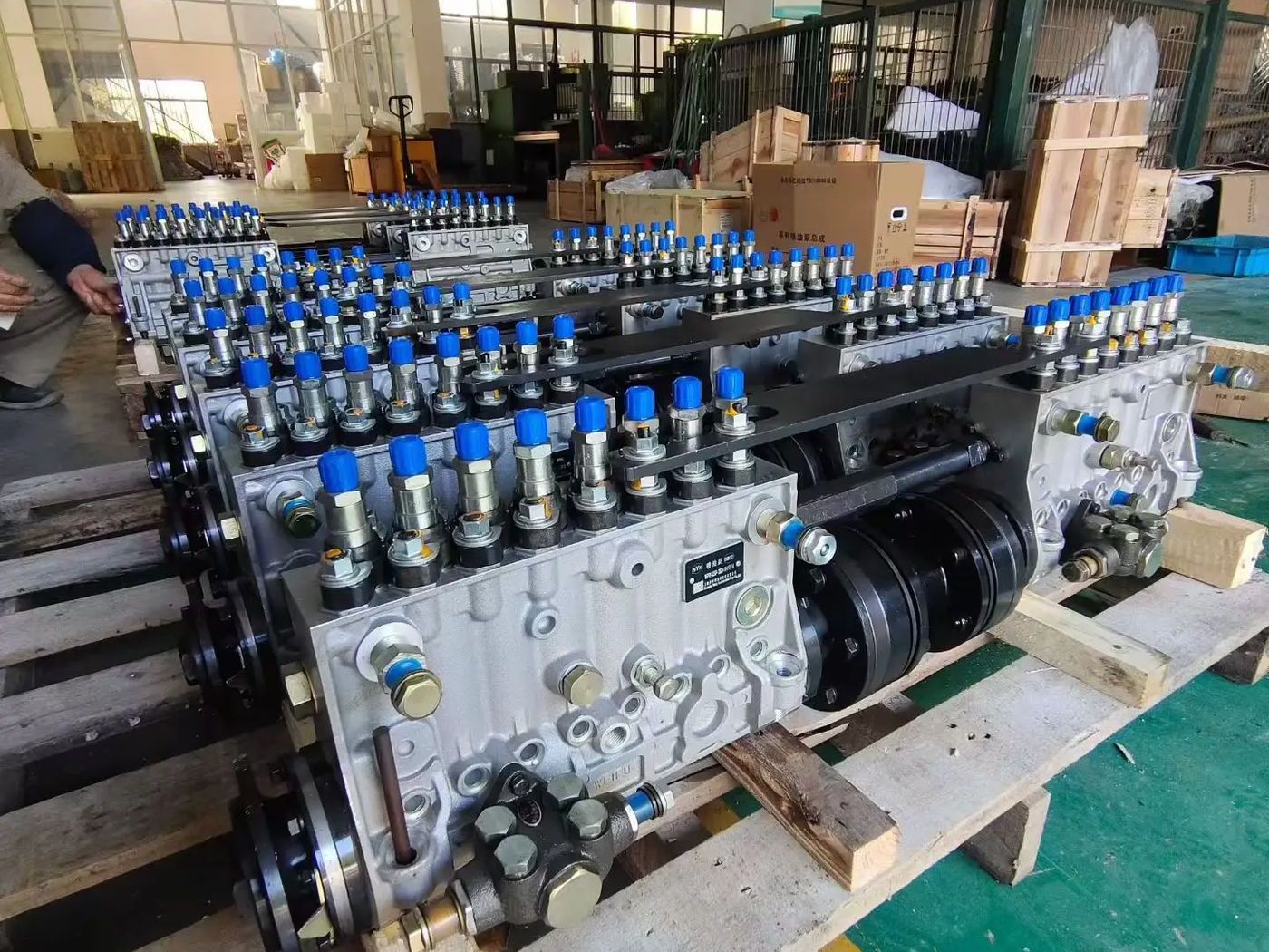 Racks of fuel injection pumps and components in stock